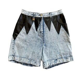 Coqueta Vintage Acid Wash Denim Shorts Black Faux Leather Yoke High Waist Sz‎ 34